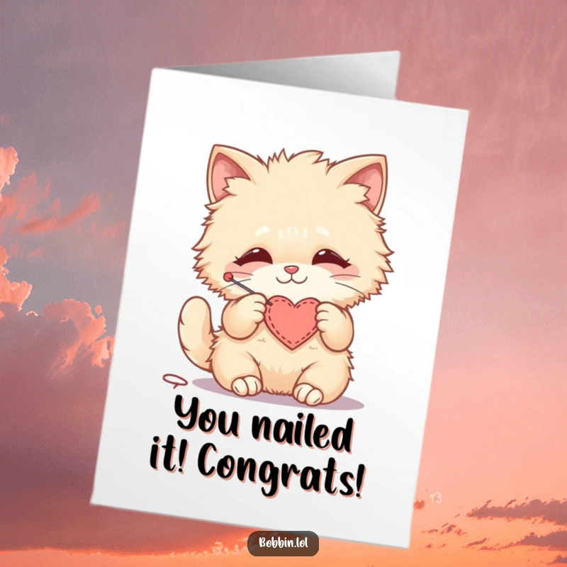 Funny Free Printable Cat Congratulations Card: A fluffy cat happily stitching a small felt heart to celebrate.