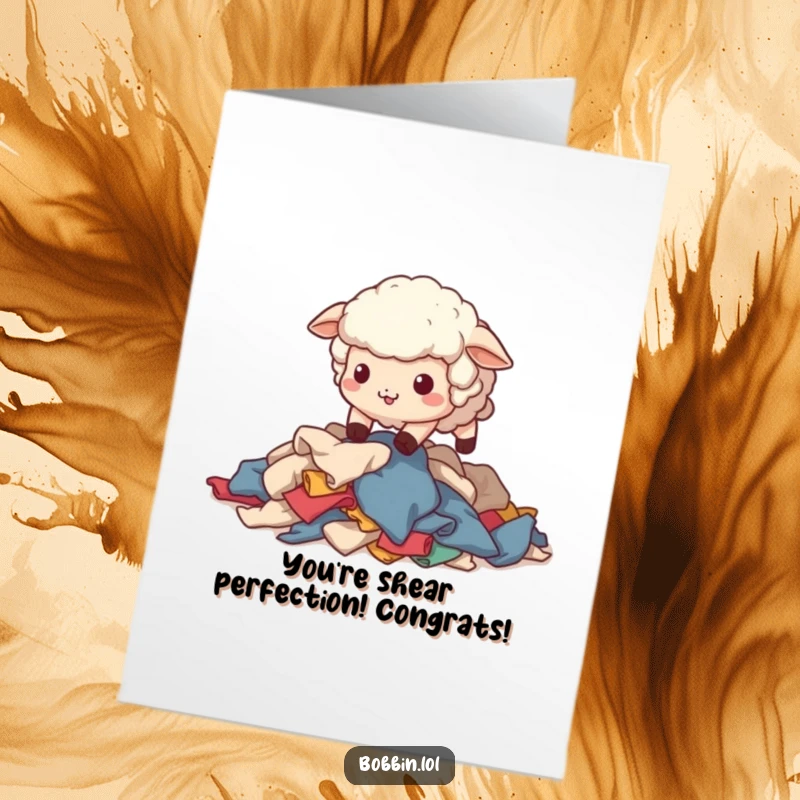 Funny Free Printable Congratulations Card: A wobbly sheep adorably tumbles over a large pile of fabric scraps, celebrating a messy success.