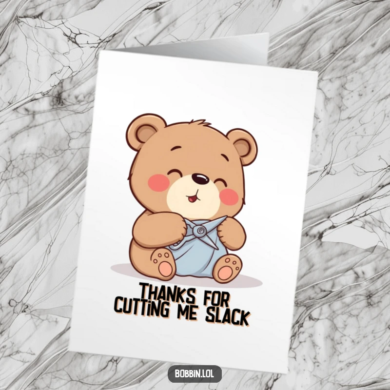 Funny Free Printable Thank You Card with a giggling bear using tiny shears to cut fabric gratefully.