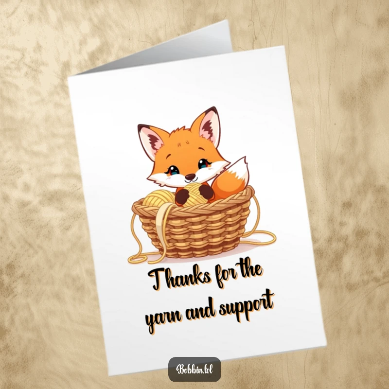 Funny Free Printable Thank You Card: Curious fox from yarn basket, holding thimble, expressing thanks.