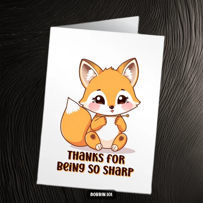 Funny Free Printable Thank You Card with a playful fox focused on threading a needle, showing gratitude.
