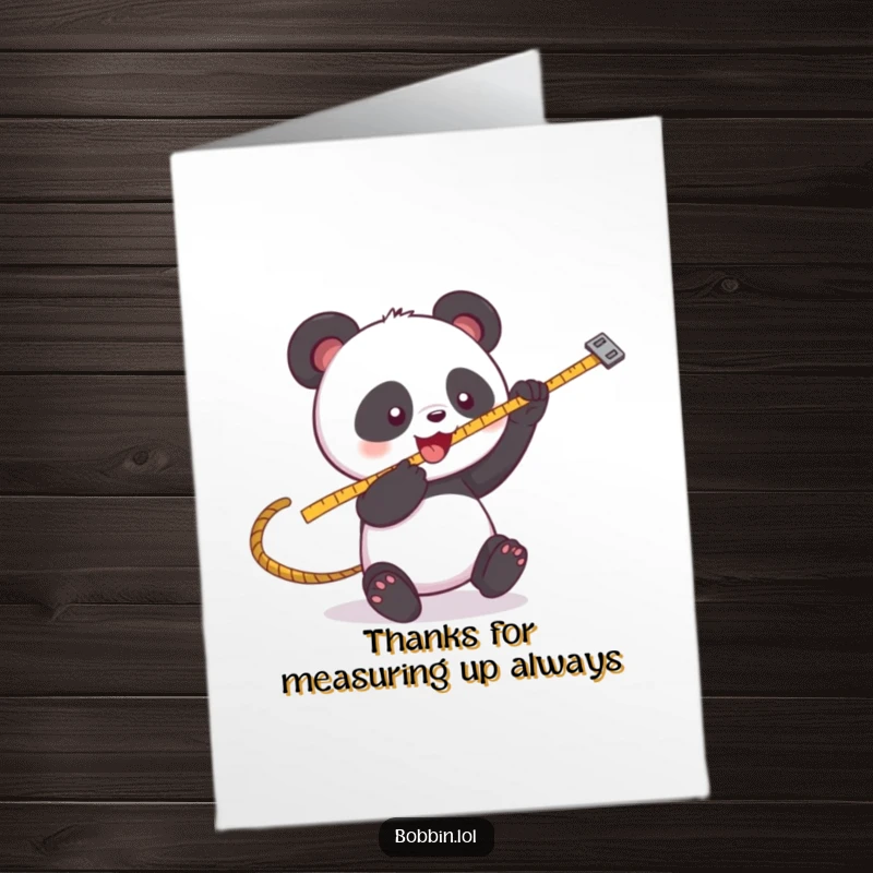 Funny Free Printable Thank You Card: A playful panda bats at a swinging measuring tape, conveying thanks with a sewing twist.