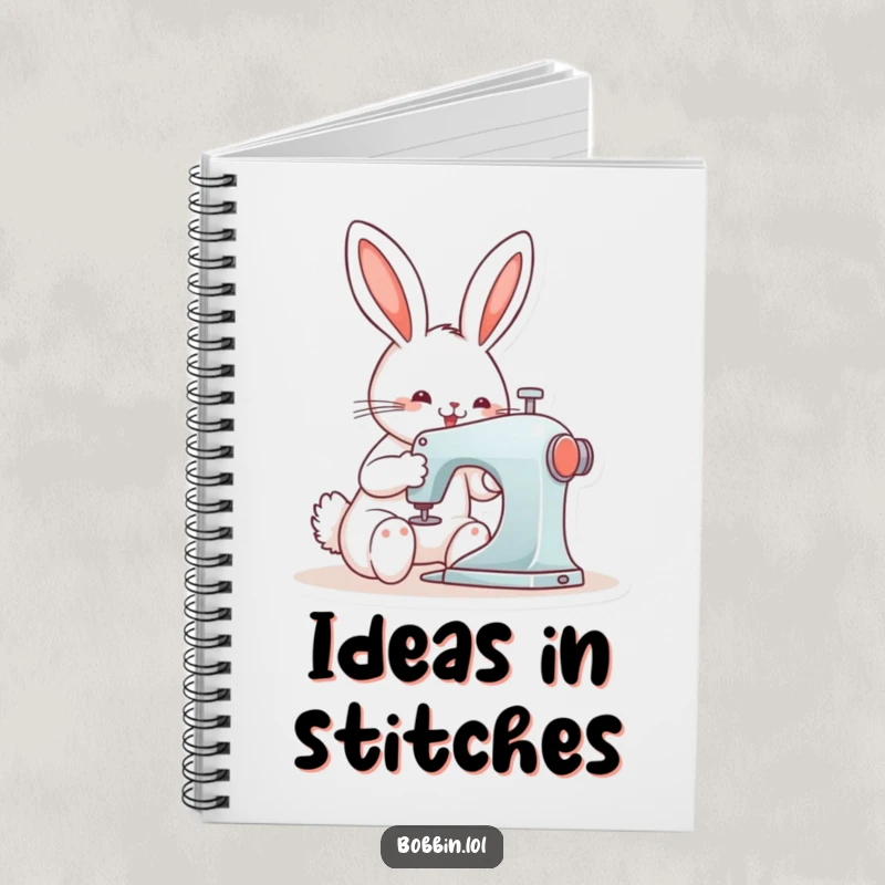 Funny bunny diligently operating a sewing machine, cover of a notebook for jotting down creative plans.