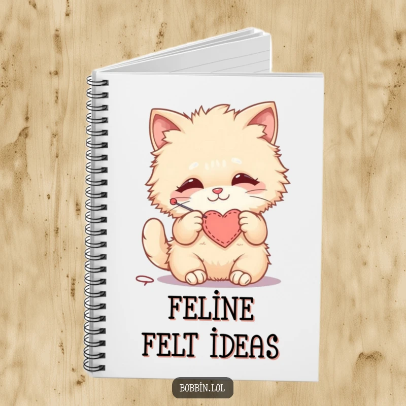 Funny notebook with a fluffy cat stitching a small felt heart, ideal for notes and creative plans.