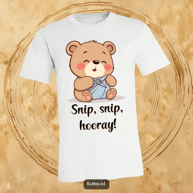 Funny bear with a joyful giggle cutting fabric with small shears, printed on humorous t-shirt.