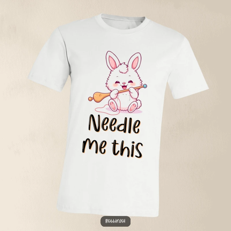 Funny Bunny Sewing T-Shirt: A fluffy bunny focused on threading a massive sewing needle, very funny. Ideal funny gift.