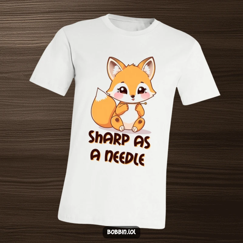 Funny fox intensely threading a needle with a wide-eyed expression, printed on humorous apparel.