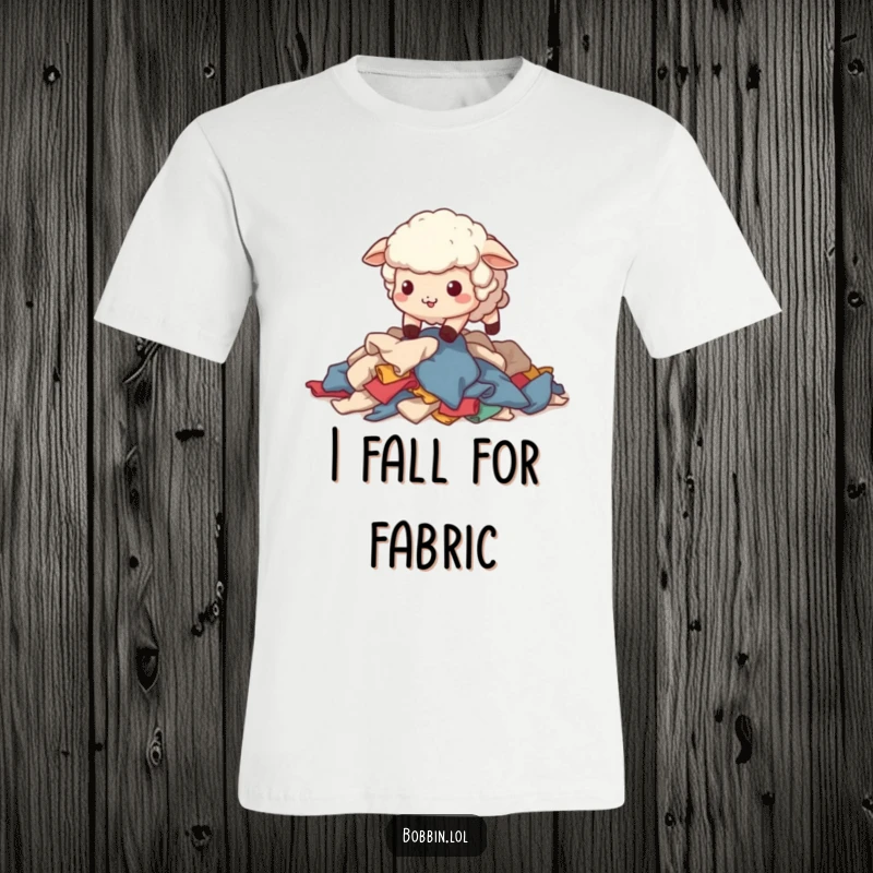 Funny Sheep Sewing T-Shirt: A wobbly sheep adorably stumbling over fabric scraps, very funny. Ideal funny gift.