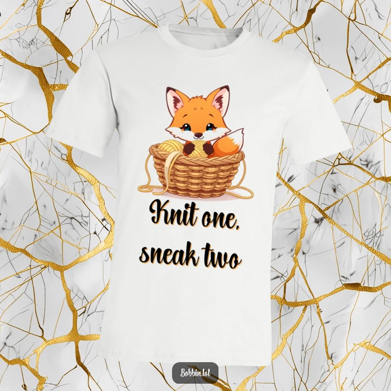 Funny curious fox t-shirt peeking from yarn, holding a thimble, a humorous and cozy gift.