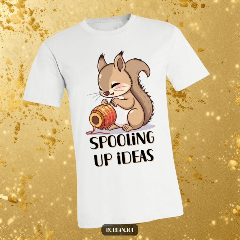 Funny squirrel with great interest inspecting a colorful spool of thread, printed on humorous t-shirt.