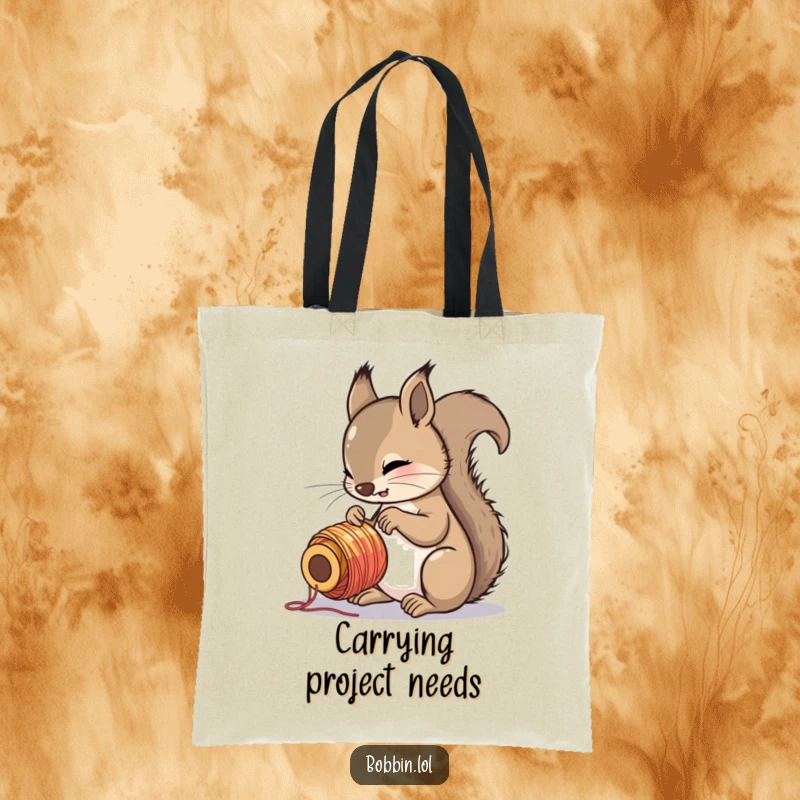 Funny squirrel examining a colorful spool of thread with great interest, depicted on a durable tote bag.