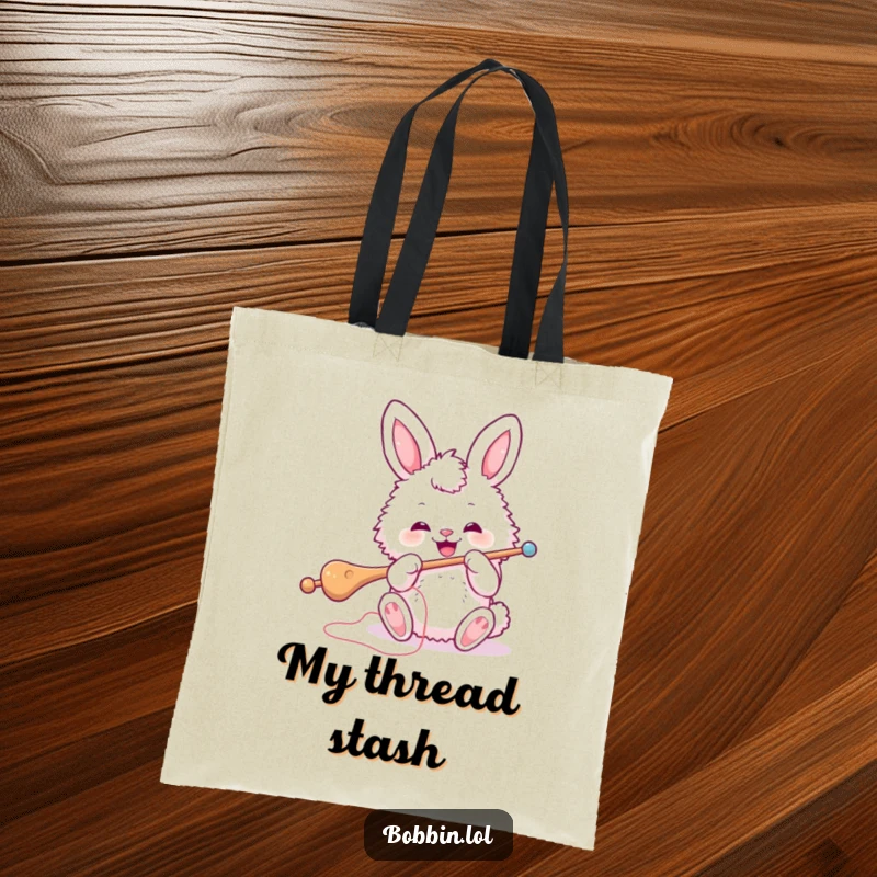 Funny Bunny Sewing Tote Bag: A fluffy bunny skillfully threading a large needle, perfect for carrying supplies. Hilarious funny gift.
