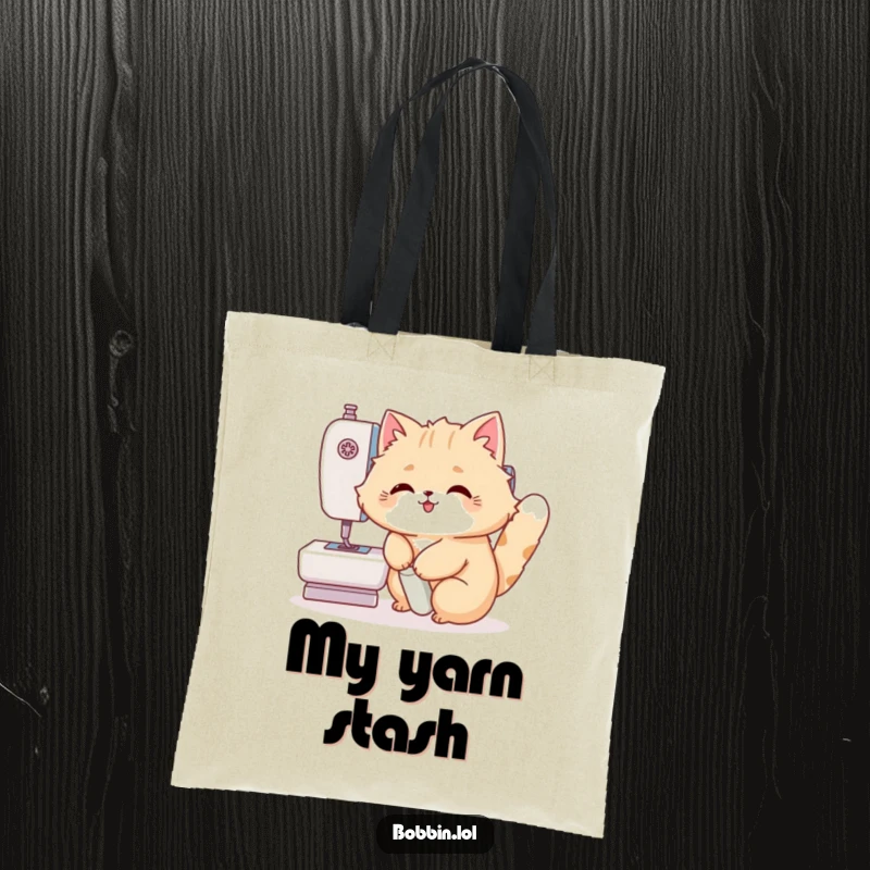 Funny Cat Tote Bag: A fluffy cat happily powering a sewing machine pedal, perfect for carrying supplies. Funny gift idea.